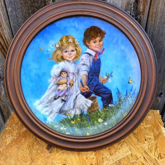 Jack And Jill Vintage Round Framed Painting of Children - Picture 2 of 15